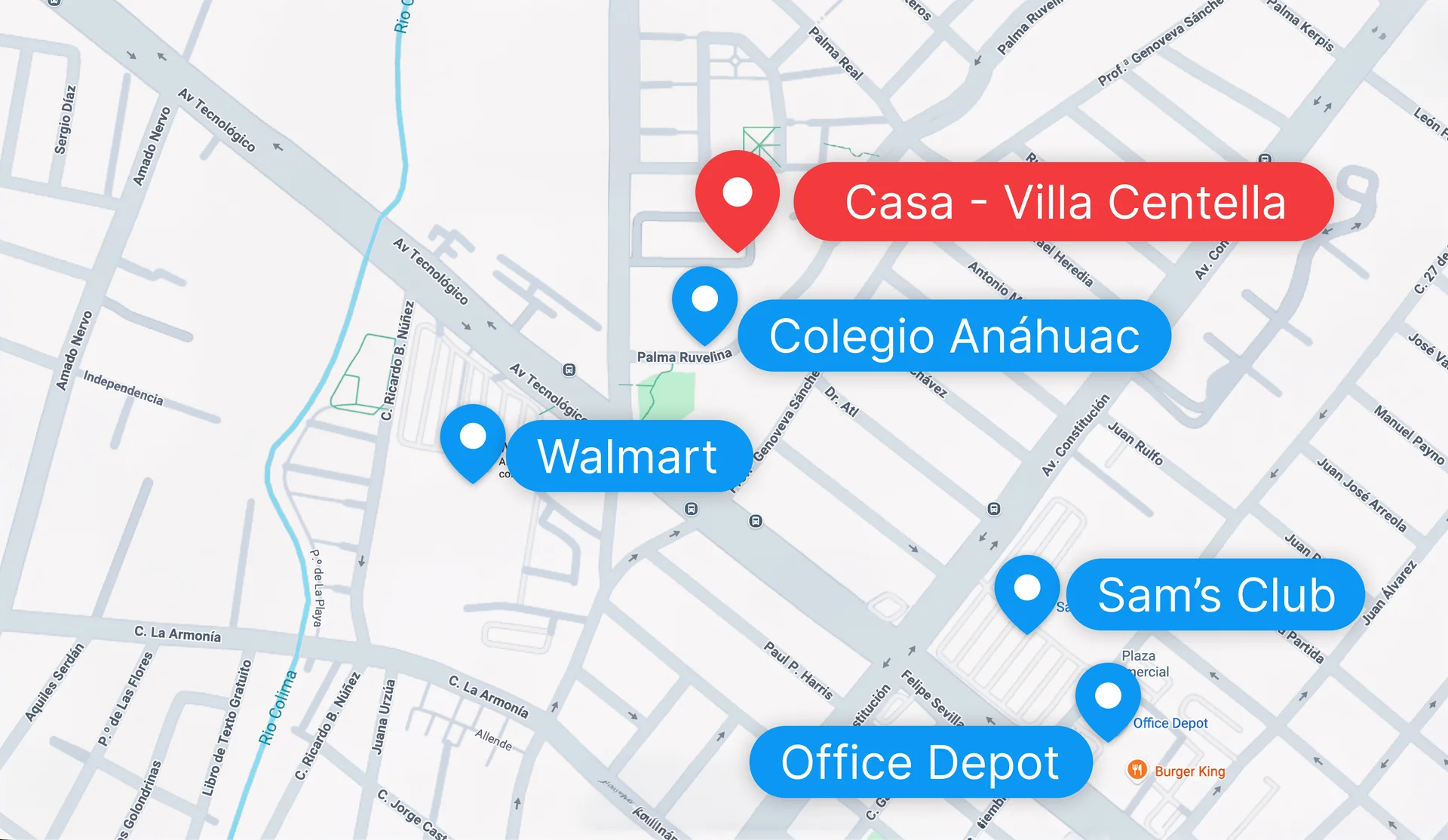 Mapa: Casa en relación a Colegio Anáhuac, Walmart, Sam's Club y Office Depot